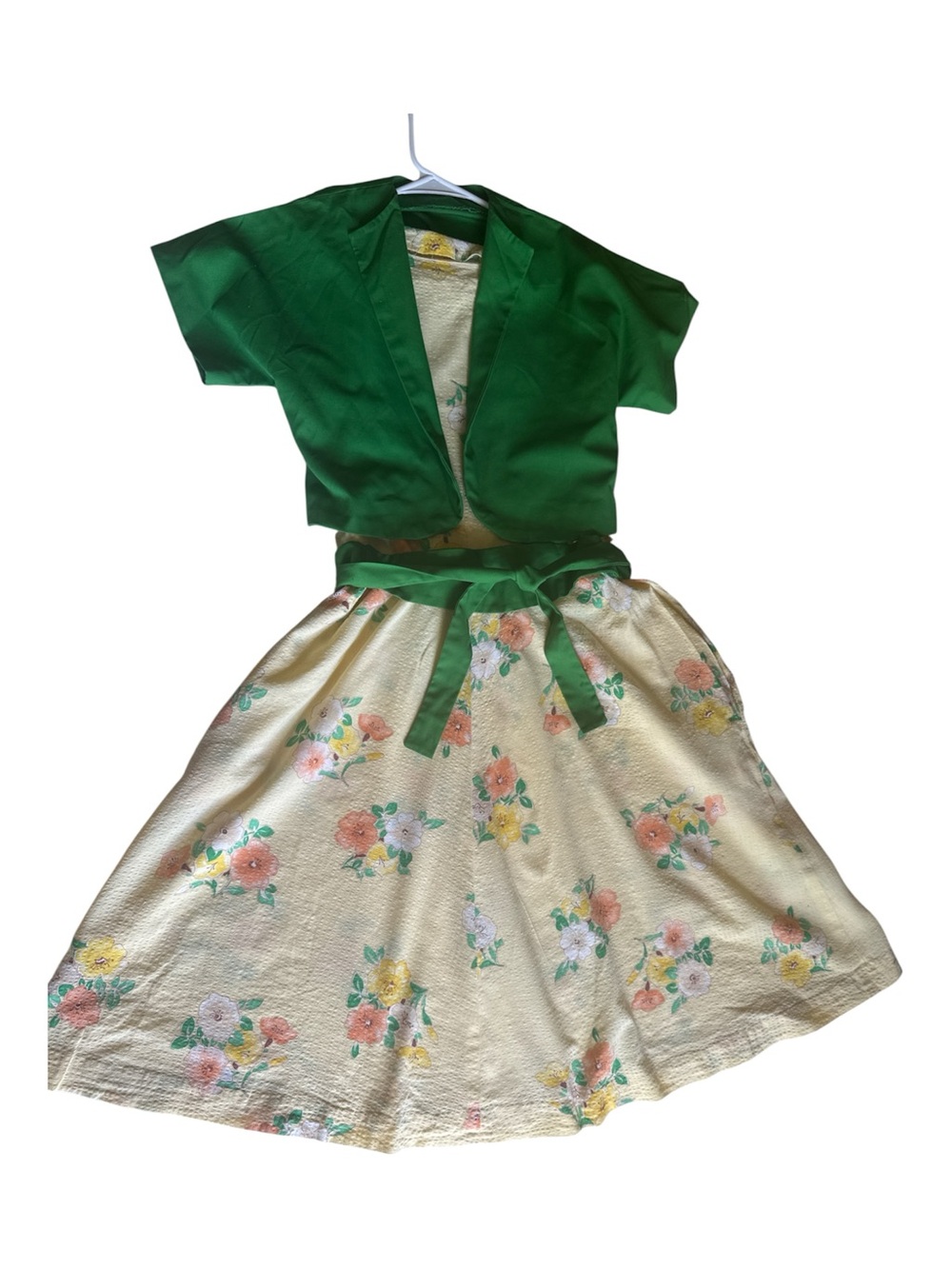 Handmade Green Crop Jacket with Floral yellow dress Set